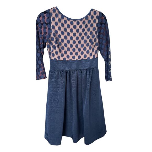 Eliza J Women's Navy Blue Polka Dot Mesh Bodice Dress 3/4 Sleeve Size 2 - Picture 4 of 10